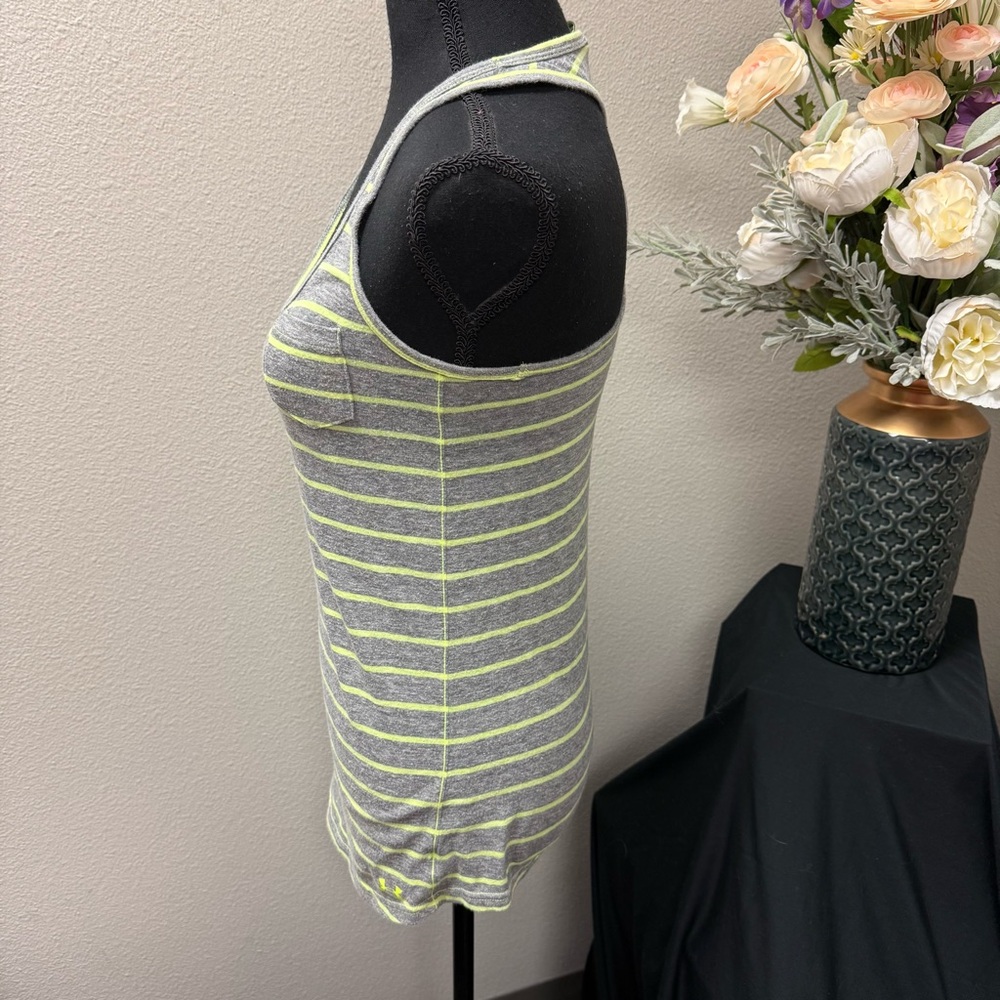 Under Armour XS Gray Neon Stripe HeatGear Racerback Semi-Fitted Tank Top - Picture 2 of 7